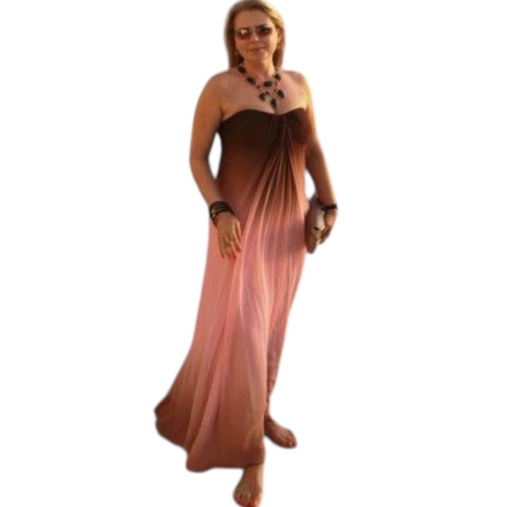 A Pea In The Pod Pink Brown Ombre Silk Strapless Maxi Dress Size L